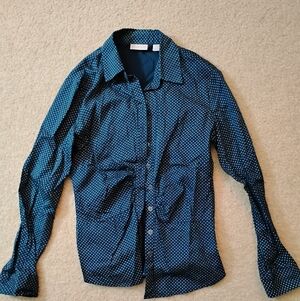 VGUC Women's New York & Company Navy Blue Polka Dot Button Down Shirt - Sz M